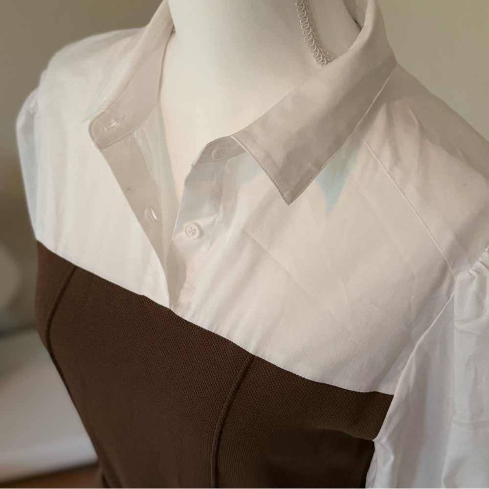 New York & Company Brown and White Sheath Dress with Bishop Sleeves NWOT - Picture 7 of 9